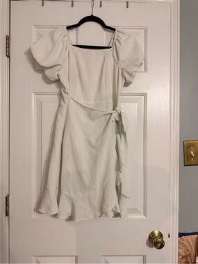 White Puff Sleeve Wrap Dress